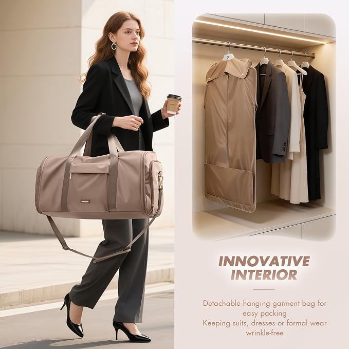 Convertible 2-in-1 Garment Bags for Travel,Women Men Carry On Garment Duffle Bag With Shoe Compartment,Hanging Suit bag,48L,Champagne Brown - Image 6
