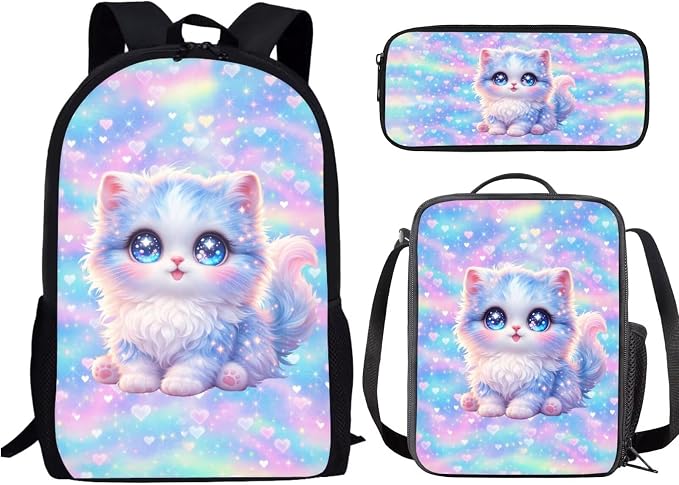 Forchrinse Cartoon Cat School Backpack for Girls 10-12 with Lunch Box Pencil Case Kids Bookbag Lunchbox Elementary Student Book Bag for Girls 8-10/6-8 by Forchrinse