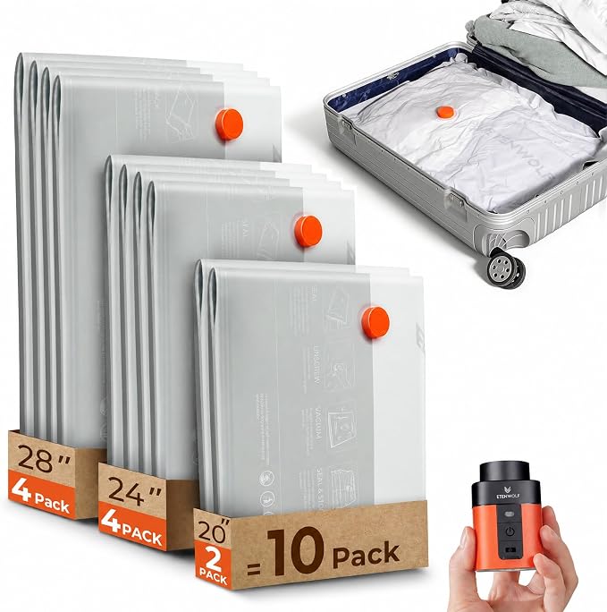 ETENWOLF 10 Pack Reusable Vacuum Storage Bags for Travel with Rechargeable Air Pump,Vacuum Compression Packing Seal for Clothes, Blankets, Seasonal Storage,Carry-On Space Saver Bags in 3 Sizes - Image 9