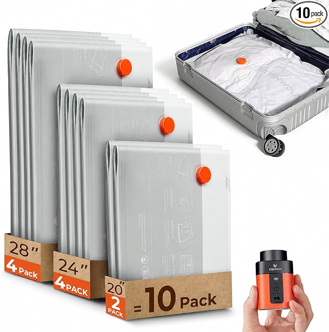 ETENWOLF 10 Pack Reusable Vacuum Storage Bags for Travel with Rechargeable Air Pump,Vacuum Compression Packing Seal for Clothes, Blankets, Seasonal Storage,Carry-On Space Saver Bags in 3 Sizes by ETENWOLF