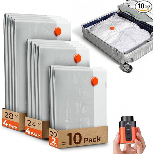 ETENWOLF 10 Pack Reusable Vacuum Storage Bags for Travel with Rechargeable Air Pump,Vacuum Compression Packing Seal for Clothes, Blankets, Seasonal Storage,Carry-On Space Saver Bags in 3 Sizes by ETENWOLF