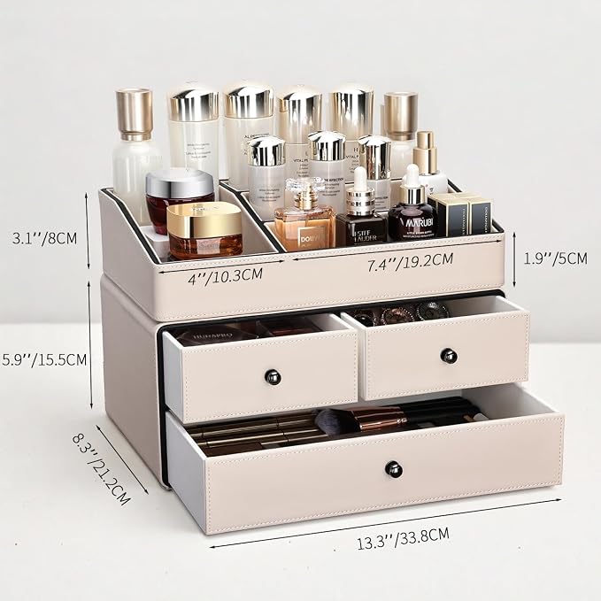 KINGFOM Leather Makeup Organizer with 3 Drawers, 2 Tier Cosmetic Storage Organizer for vanity Dresser Countertop and Bathroom Vanity, Beauty Holder for Lipstick Brush Skincare (Beige) - Image 3