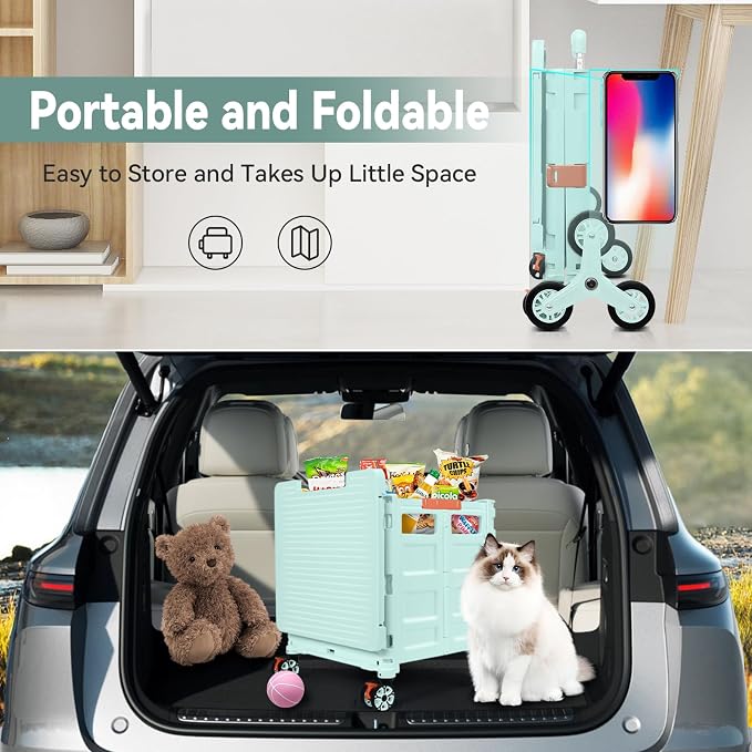 Foldable Utility Cart Portable Crate Rolling Dolly with Telescopic Handle,Can be Pulled diagonally, Magnetic Retractable Lid, 360°Swivel Climbing Wheels for Shopping Carrying Groceries Move Green - Image 7