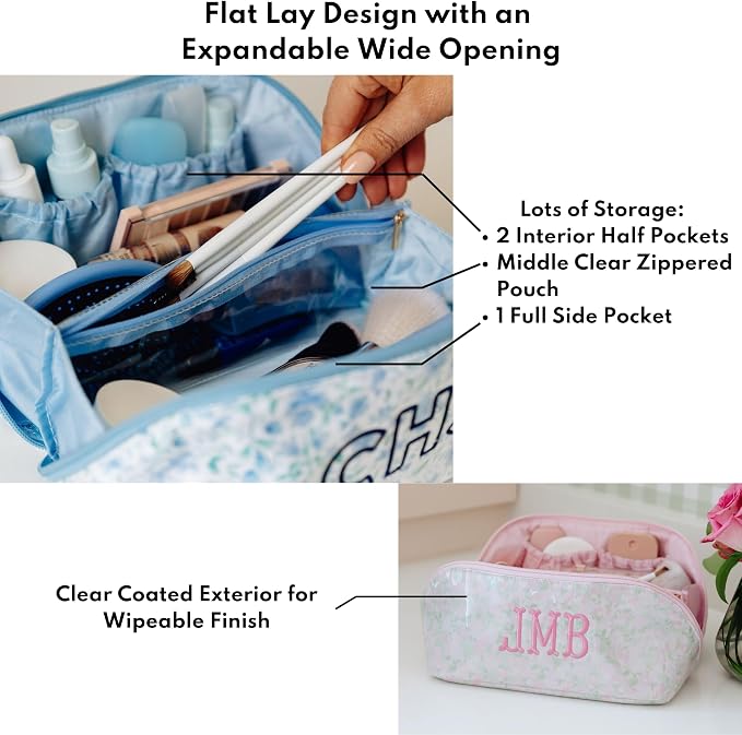 Personalized Flat Lay Makeup Bag - Clear-Coated Embroidered Cosmetic Organizer, Monogrammed Wide-Open Travel Pouch with Easy-Access Interior, Handmade Gift for Women (Peony) - Image 5
