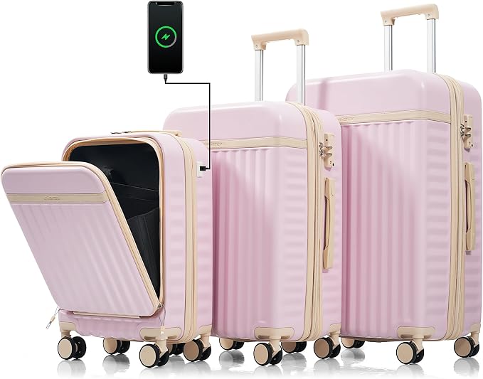 Hardshell Luggage, Lightweight Suitcase with Spinner Wheels, LIGHT PINK+USB by Merax