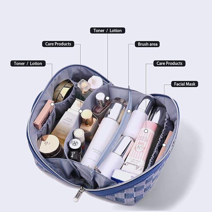 BOYATU Travel Makeup Bag for Women: Large Cosmetic Bag Set of 3 - PU Leather Make up Bag with Compartments - Compact Waterproof Toiletry Bag with Divider & Handle (D-1-Blue) - Image 2