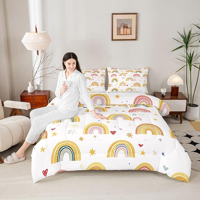 Erosebridal Girls Rainbow Comforter Set, Love Heart Bedding Set Full Size for Kids Boys Children Women, Cartoon Style Stars Duvet Insert Girly Soft Microfiber Quilted Duvet for Bedroom Decor - Image 4