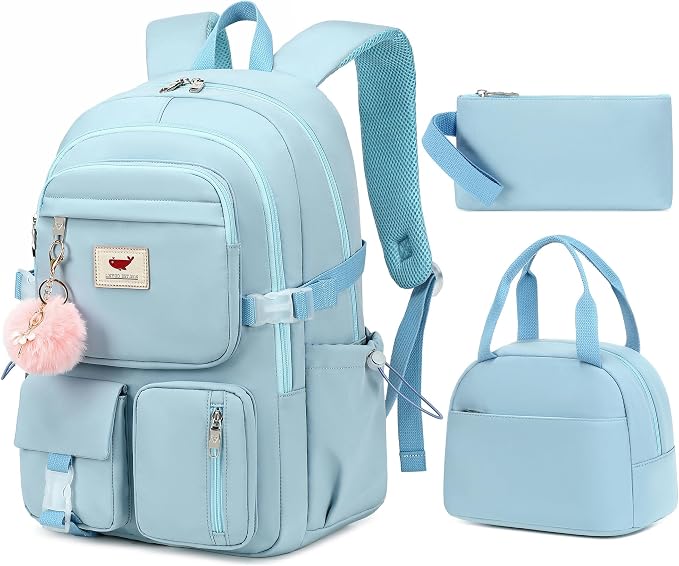 Laptop Backpack 15.6 Inch Elementary Middle High School Bag College Backpacks with Lunch Box Pencil Pouch 3 PCS Set Travel Bookbags for Teens Girls Women Students (Blue) by LXYGD