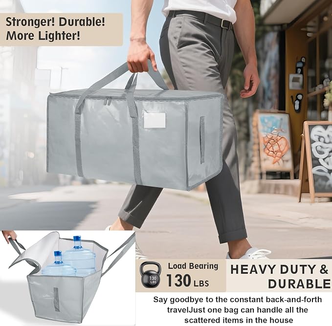 8 Pack-Extra Large Heavy Duty Moving Bags - Waterproof Storage Totes with Handles & Zippers, Foldable for College Dorm, Storage (light gray) - Image 3