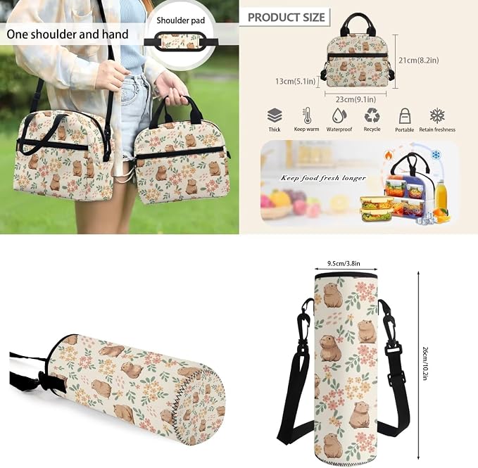4 Pack Cute Capybara Flower Schoolbag Set with Insulated Lunch Box Pencil Case Water Bottle Holder Bag for Preschool,Elementary,Middle School Girls Schoolbag Capybara Lover Daypack - Image 5