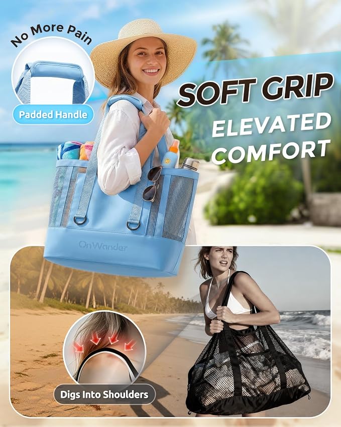 Large Mesh Beach Bag, Waterproof Bottom Tote, Structured Design Waterproof Pocket, Sandproof Pool Bag for Cruise Gym - Image 7