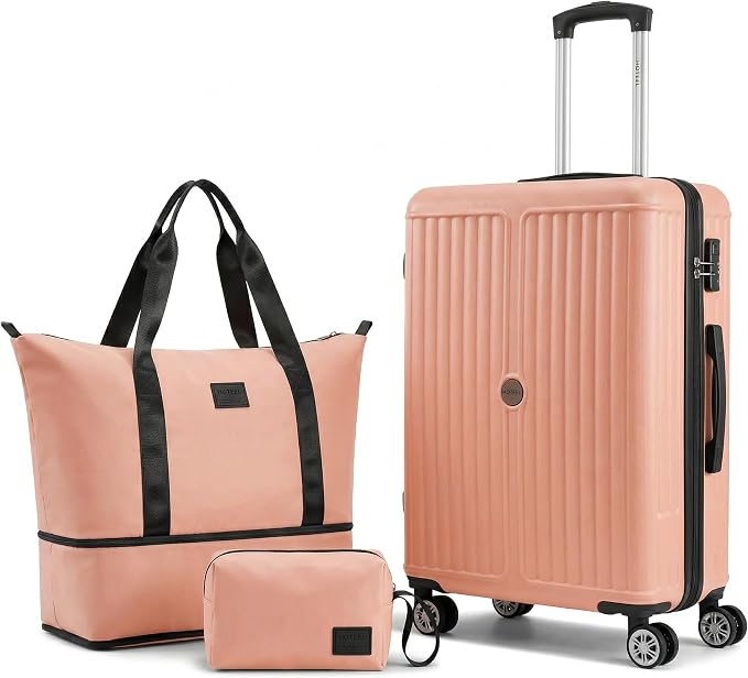 Hoteel 20 Inch Luggage Set 3 Piece, Hardside Carry On Suitcase with TSA Lock and Spinner Wheels, Includes Expandable Duffel Bag and Toiletry Bag, Lightweight ABS+PC, Pink by HOTEEL