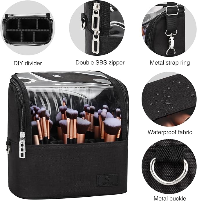 Makeup Brush Bag, Makeup Brush Holder Travel Stand-up Makeup Cup Large Makeup Brush Organizer Case Professional Cosmetic Bag Artist Storage Bag with Adjustable Divider (Large, Black) - Image 7