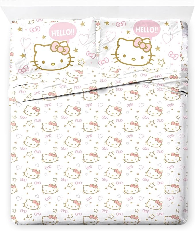 Jay Franco Sheet Set with Fitted, Flat Sheets & Pillow Cover - Ultra-Soft Bedding with Pillowcase for Room Decor, Pink - Hello Kitty, 4 Piece Queen by JayFranco