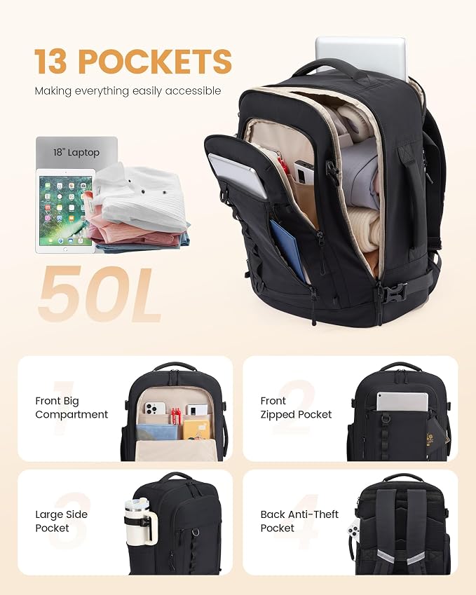 LOVEVOOK 50L Travel Backpack for Men Women, Waterproof Carry On Backpack for Work & Travel, Flight Approved Personal Item with 3 Packing Cubes, TSA Bag Fits 17.3" Laptop,Black - Image 3