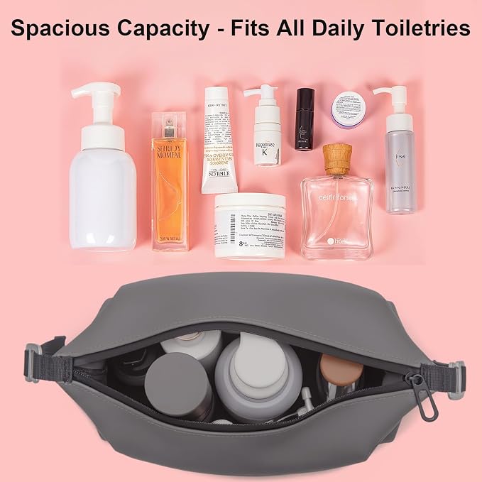Vomgomfom 6L 13 Inch Silicone Toiletry Bag, Waterproof Leakproof Travel Cosmetic Organizer, Adjustable G-Buckle Compression Dopp Kit, Foldable Makeup Bag for Women & Men (Grey, 6.5”3L) - Image 7