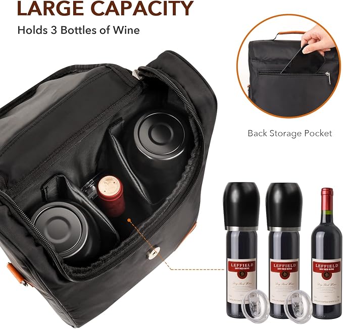 3 Bottle Wine Tote Bag with Tumblers and Opener, Portable Wine Carrier Purse for Travel/Picnic/Beach/Pool/Events/Hiking, Gift for Women Men, Black - Image 3