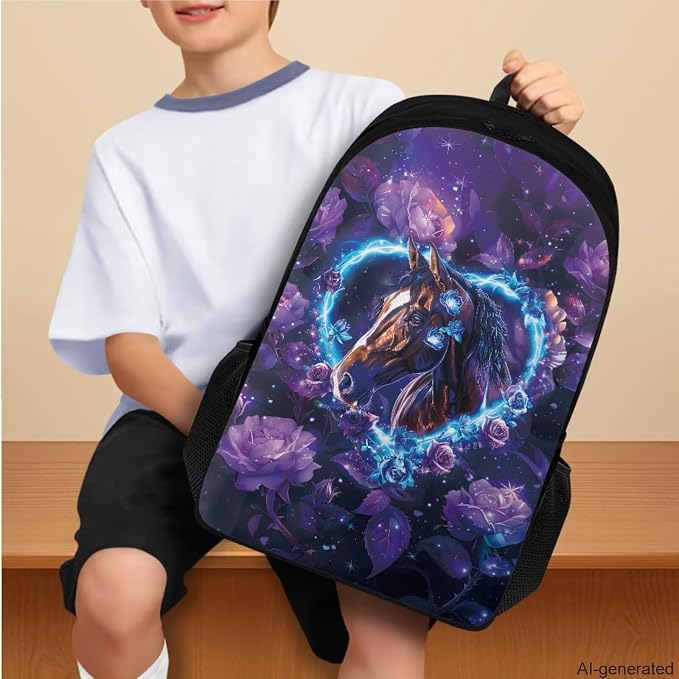 Horse Backpack for Girls Kids Backpack with Lunch Box Water Bottle Holder and Aesthetic Pencil Case 4PCS Set Bookbag with Compartments for School Teens 17" Sturdy School Bag with Side Pocket - Image 3