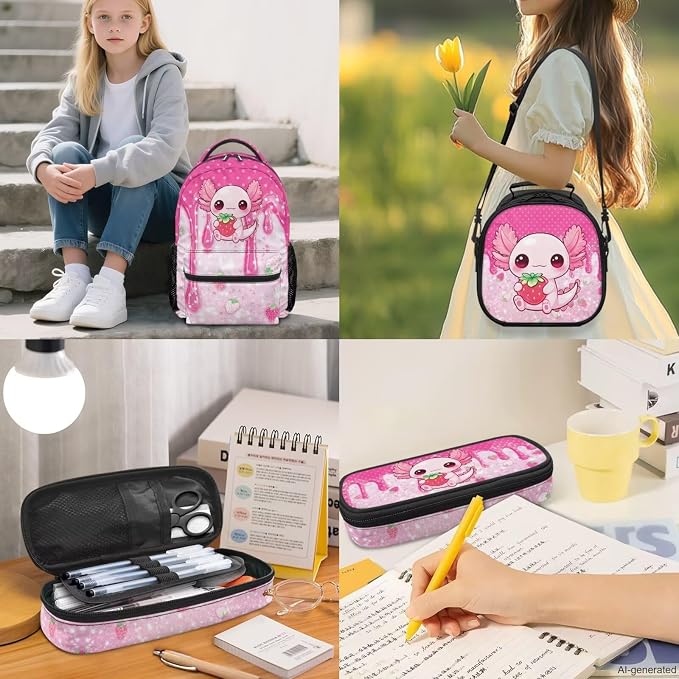 Axolotl 4-Piece Girls School Backpack Set Drip Strawberry Kawaii School Bag with Insulated Lunch Bag Pencil Case & Charm, Cute Funny Bookbag for Kindergarten Elementary Students - Image 2