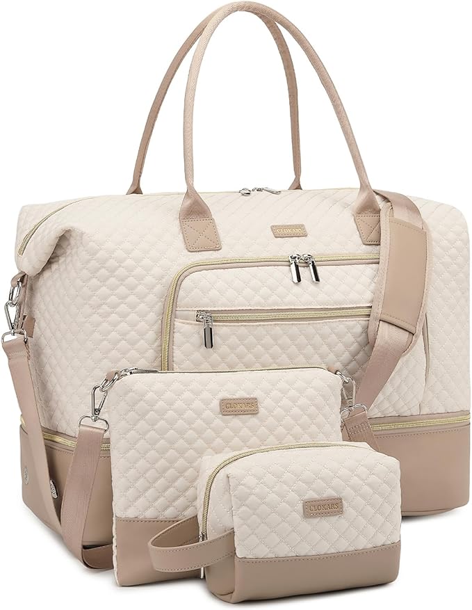 Weekender Bags for Women, Travel Duffle Bag Carry On Overnight Bag with Cosmetics Bag and Crossbody Purse for Gym Hospital, Gifts for Women, Beige Camel by Unknown