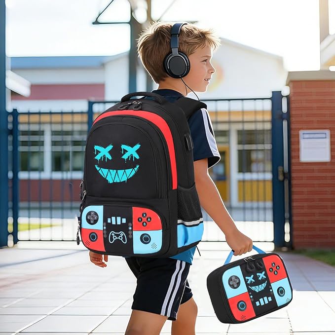 Bevalsa Backpack for School Boys, Cool Luminous Gamer Boys Schoolbag with Lunch Box & Pencil Case Set for Kids Teens Elementary Middle School, Bookbag Glow In The Dark(Red Blue Smile Backpack) - Image 8
