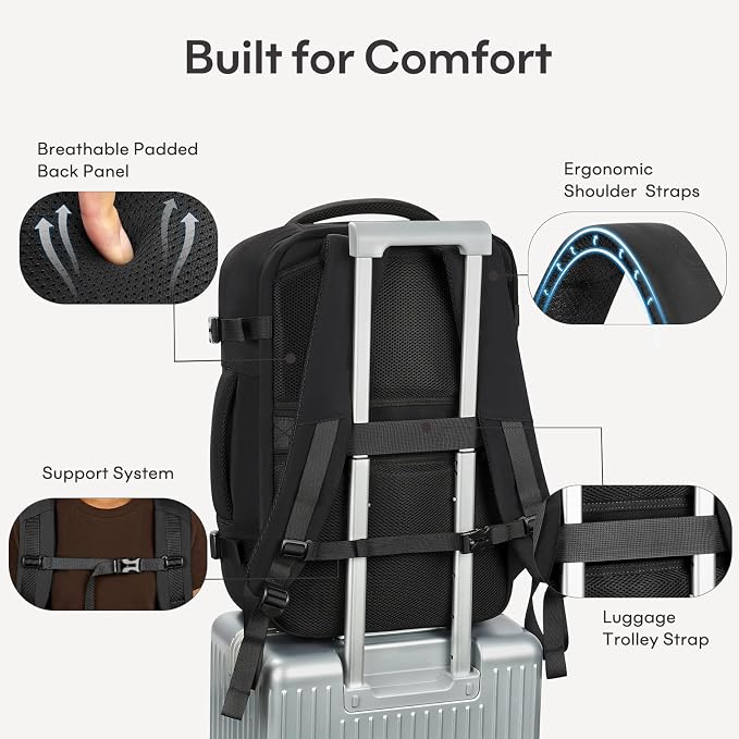 mibasies 40L Travel Backpack for Women & Men: Flight Approved Carry On Backpack, TSA Personal Item Bag with Water Bottle Pocket, Weekender Essentials Backpacks fits 17" Laptop - Black - Image 8