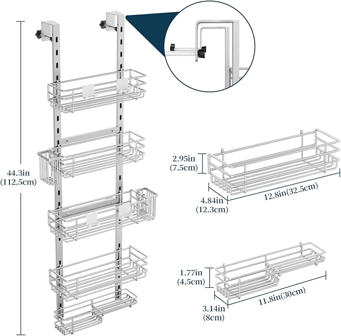Consumest Over The Door Shower Caddy - 5 Tier Adjustable Shower Organizer Hanging with 2 Toothbrush Holders & 4 Hooks, Rustproof Organizer Shelf, Storage Rack for Bathroom, Silver - Image 8