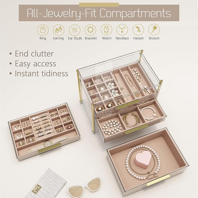 FOLLOWIN Jewelry Box for Women, 4 Drawers Jewelry Organizer and Storage, Clear Acrylic Jewelry Organizer with Removable Velvet Trays, Large Capacity Jewelry Holder for Rings Earrings Necklaces - Image 3