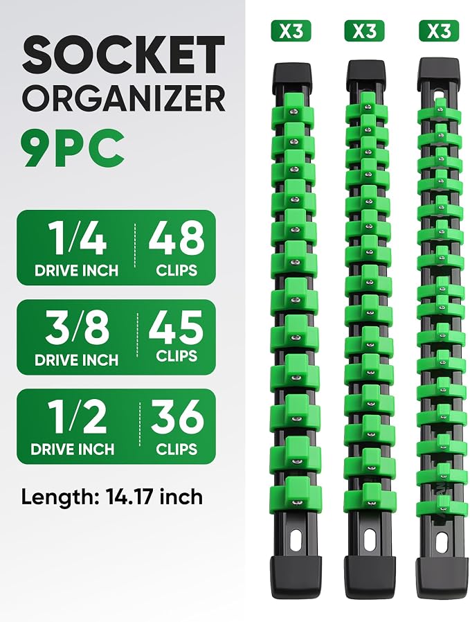 ALOANES 9PC Socket Organizer, Socket Rails Fit 1/2", 1/4" and 3/8" Drive | Heavy Duty ABS Socket Holders Hold up 129 Sockets for Toolbox Drawer Bags(Green) - Image 2
