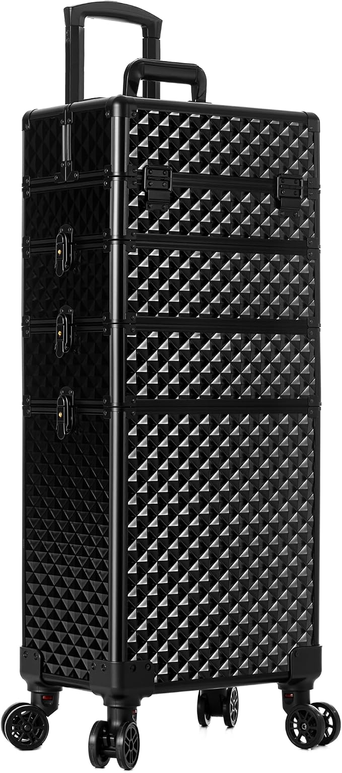 AROUS Rolling Makeup Train Case 4 in 1 Cosmetology Case on Wheels Large Storage Cosmetic Trolley with Key Salon Barber Case Traveling Cart Trunk, Black - Image 9