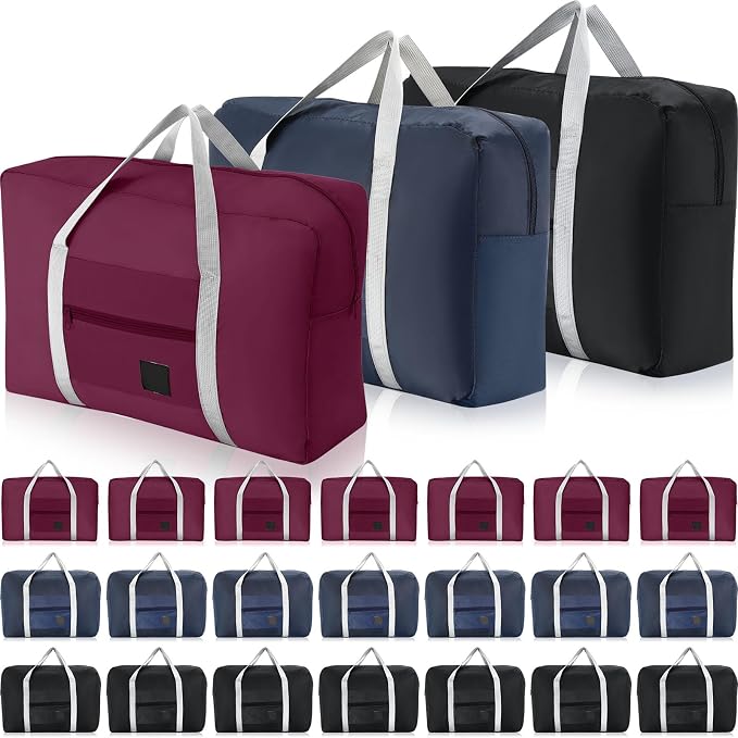 Sweetude 24 Pcs Travel Duffel Bags Bulk Foldable Luggage Bag Women Men Waterproof Carry Tote with Trolley Sleeve for Gym, Overnight, Airlines(Navy Blue, Wine Red, Black) by Sweetude