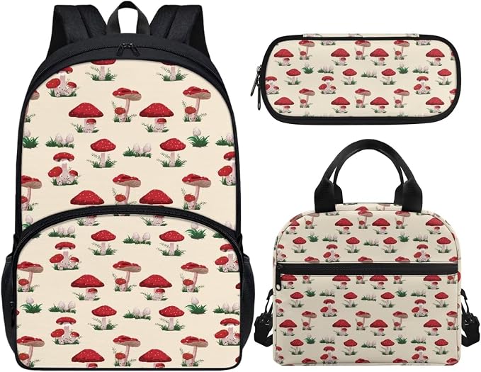 Beige Mushroom Backpack with Lunch Box and Pencil Case Girls Comfy Padded Cute School Backpack Set of 3 Bookbag for Student Lightweight Large Capacity Daypack - Image 2