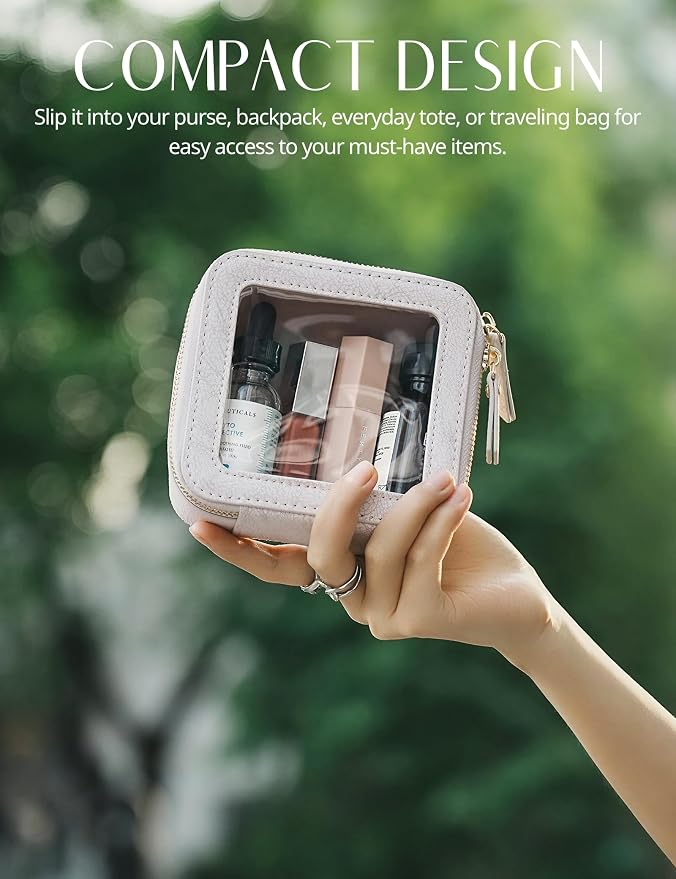 Popvibe Clear Makeup Bag Travel Cosmetic Case Transparent Toiletry Bag with Zipper, Portable Make Up Organizer Traveling Compact Car Bag for Essentials, Light Pink, Mini - Image 3