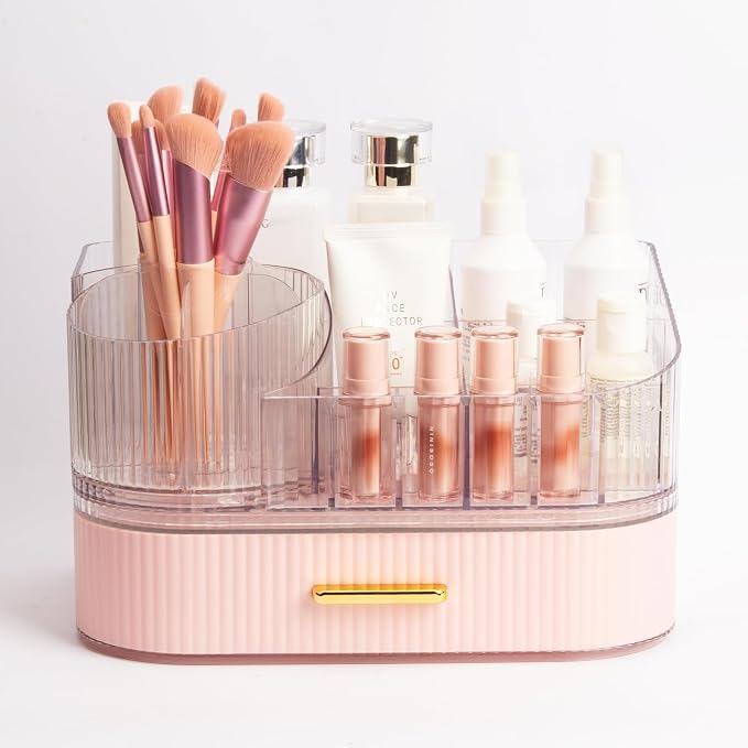 Makeup Organizer with Stackable Drawer and 360 Rotating Brush Holder, Cosmetic Storage Display, 11-inch Wide Beauty Counter, Pink, Large (Tray + 1 Drawer) - Image 5