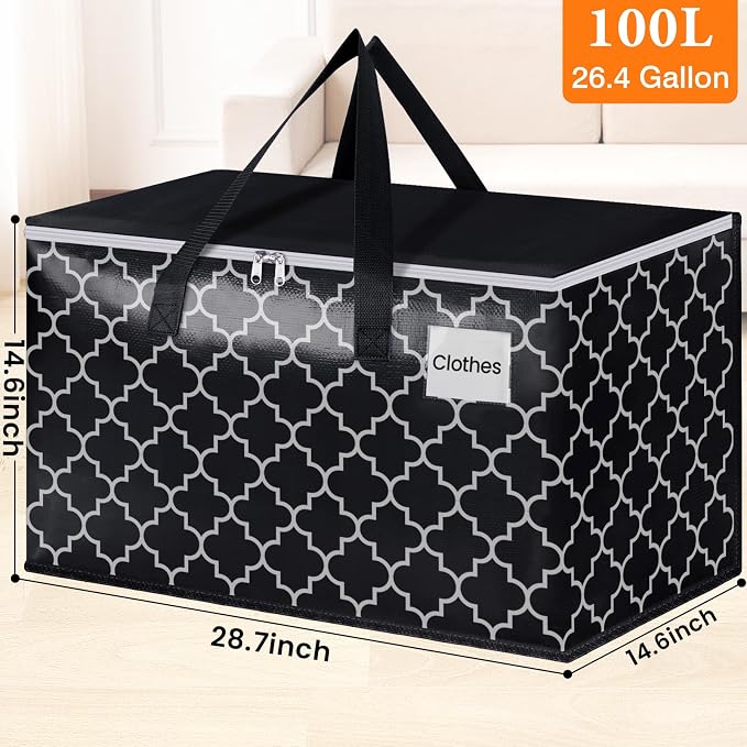 HomeHacks Heavy Duty Moving Bags with Tag Pockets, Collapsible Storage Totes for Moving, Camping & Travel -Foldable Packing Boxes, Zipper Handles, Black（2 Packs, 100L） - Image 3