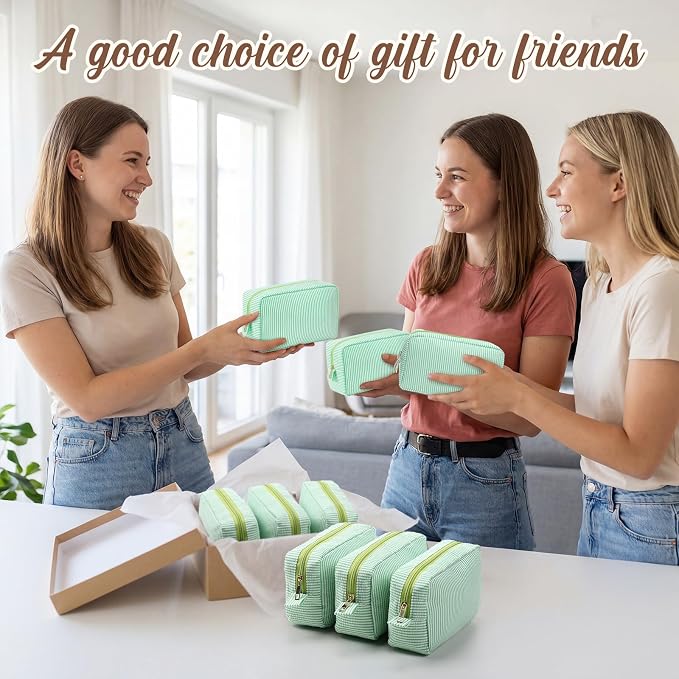 Sanwuta 10 Pcs Seersucker Cosmetic Bag Seersucker Makeup Bag Women Stripe Large Travel Toiletry Organizer Preppy Storage Pouch for Embroidery Wedding Bridesmaid Bride Mom (Green) - Image 7