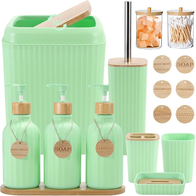XLHOMO Green Bathroom Accessories Set 17PCS Bathroom Set with Trash Can 3PCS Lotion Soap Dispenser, Toothbrush Holder, 6PCS Wood Tags Bath Accessories with Tray for Kitchen Bathroom by BetterbathroomwithXLHOME