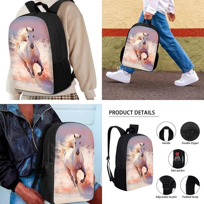 Mumeson White Horse Backpack Kids School Backpacks Satchel Casual Rucksack Daypack for Girls Boys Casual Rucksack Backpack with Lunch Bag Messenger Tote Bag Pencil Bag 3 Pieces - Image 5