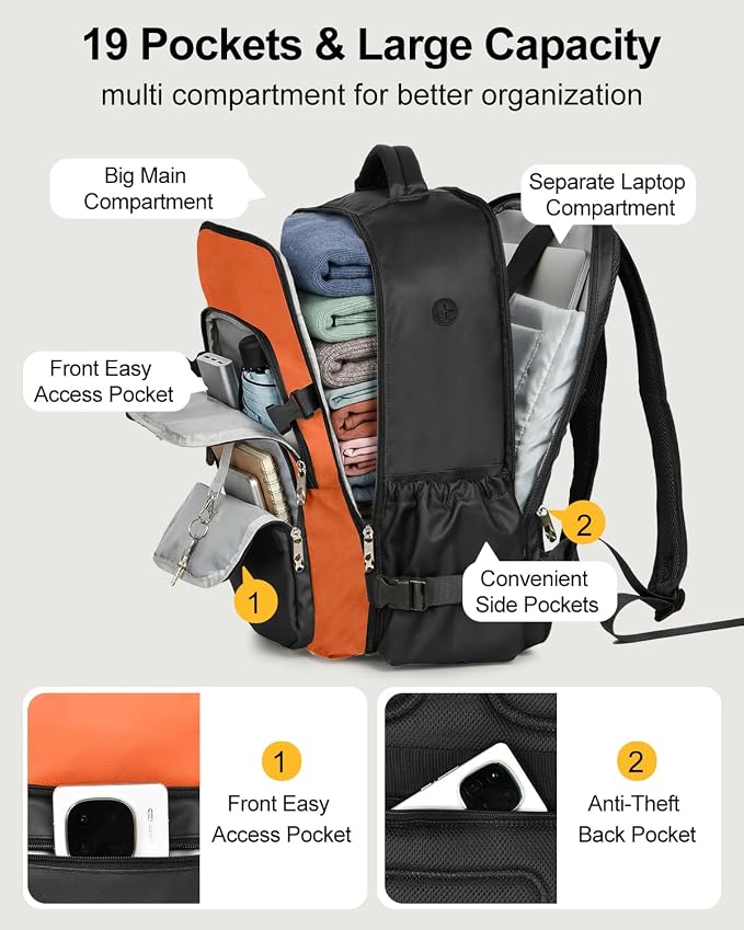 Travel Backpack for Women & Men, Carry On Personal Item Bag Flight Approved, Large Waterproof Laptop Backpack for Travel, Overnight, College & Commuting Black-Brown - Image 6