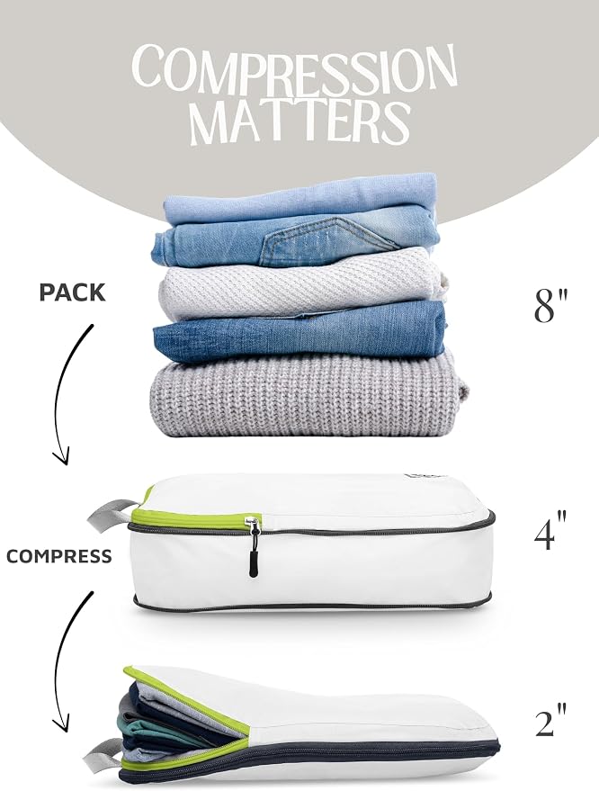 Compression Packing Cubes for Travel, 2-Piece Lightweight Packing Cubes Set for Carry-On Luggage & Backpacks – TRIPPED Travel Gear (White and Green) - Image 6