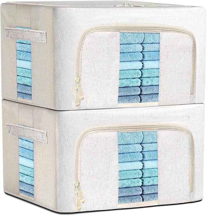 Foldable Clothes Storage Bins with Solid core powder-coated steel fram, 24/ 66L Storage Bags Fabric Box Organizer with Clear Window Zippers Sturdy Handles 2 Pack (Beige, 24L 2Pack) by Amengsen