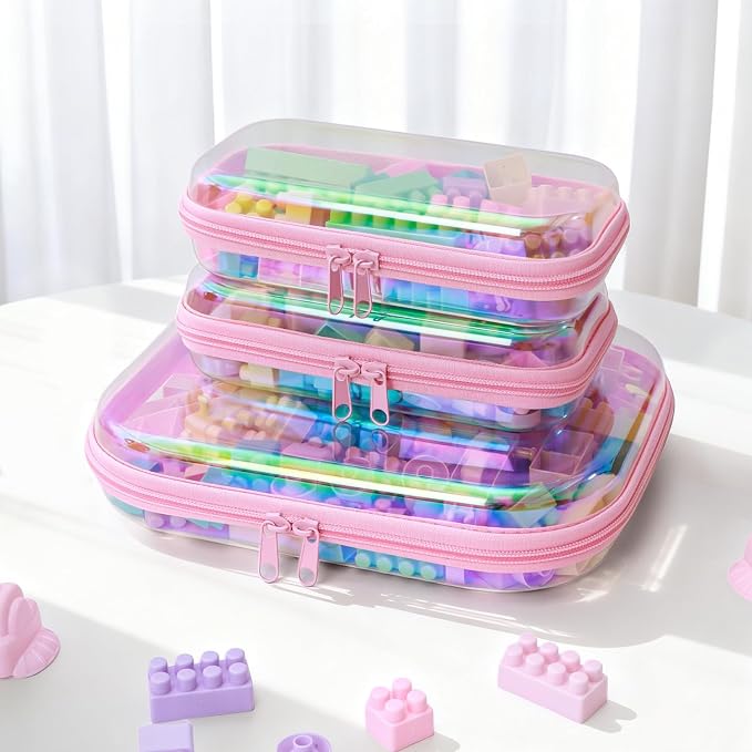 Clear Hard Shell Zipper Case, Surface scratch resistant material, Portable Cosmetic Bag with Zipper, Diaper Bag Organizing Pouches, Hard Plastic Case, Clear Bags for Organizing, Pink （6 Pcs） - Image 4