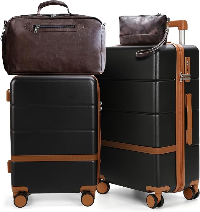 4 Piece Luggage Set, 20/24 inchi Large Checked Hard Shell Suitcase with Spinner Wheels, Vintage PU Leather Weekender Duffel Bag TSA Travel Luggage Set for Family Long Trips(Black) by Maungti