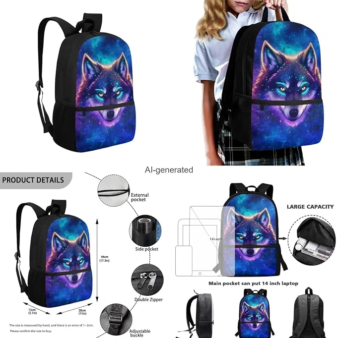 Galaxy Wolf Backpack for Girls Kids Backpack with Lunch Box Water Bottle Holder and Aesthetic Pencil Case 4PCS Set Bookbag with Front Pocket for School 17 inch Soft School Bag with Side Pocket - Image 3