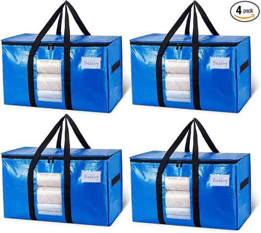 TAILI Extra Large Moving Bags, 4 Pack Blue Heavy Duty Totes For Storage with Visible Window, Wrap Around Handles, Storage Bags for Space Saving, Alternative to Moving Boxes by TAILI