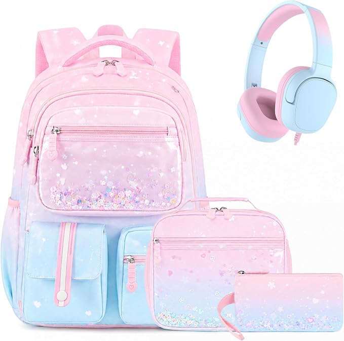 ACESAK Kids Backpack for Girls, Mermaid Backpack Set with Over-ear headphones, Lunch Bag Set for School, Girls Backpack for Elementary Middle school Teen Student(Pink Blue) by ACESAK