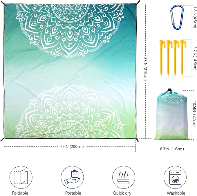 WIWIGO Beach Blanket Sandproof Extra Large Beach Mat Adults Waterproof Quick Drying Sand Free Mat Made by Premium Polyester with 4 Stakes & 4 Corner Pockets for Outdoor Travel Camping Hiking - Image 2