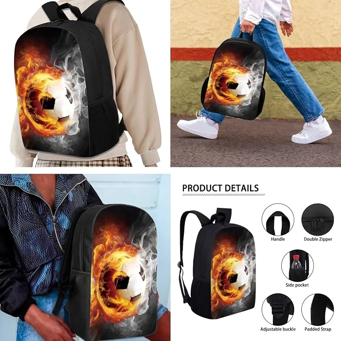 Mumeson 17" Backpack Kids School Travel Backpacks Satchel Casual Rucksack Daypack for Girls Boys,Football Print Casual Rucksack Backpack with Lunch Bag Messenger Tote Bag Pencil Bag 3 Pieces - Image 4