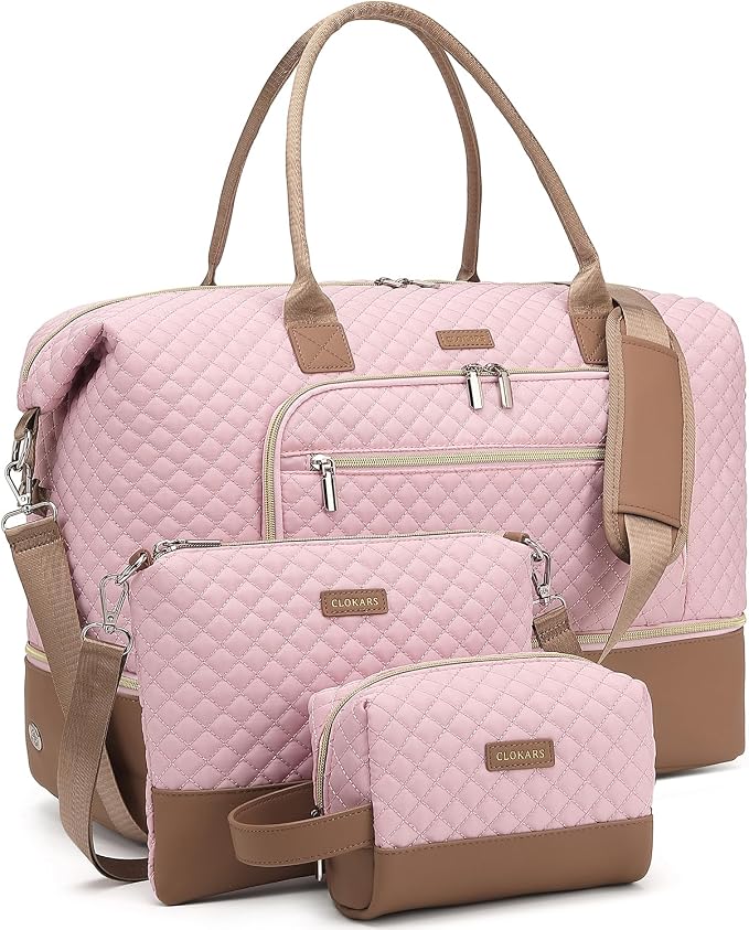 Weekender Bags for Women Travel, Under Seat Carry On Bags for Airplanes Overnight Bag with Shoe Compartment Luggage Sleeve, Foldie Travel Tote Bag Hospital Bag, Travel Gifts, Pink Brown by Unknown