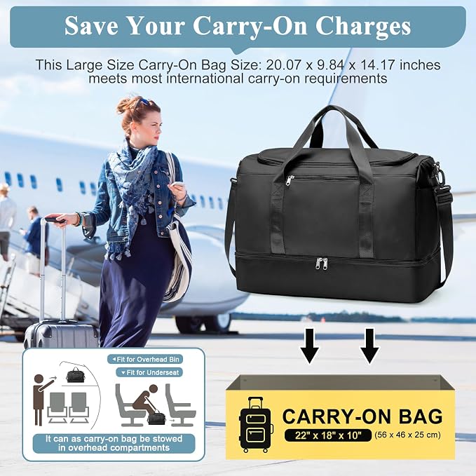 Large Travel Duffle Bag,Carry on Overnight Weekend Bag with Shoes Compartment,Weekender Bags for Women for Travel Business Trips Sport Hospital,3 Pcs Set,Black - Image 2